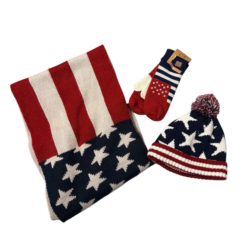 Patriotic American Flag Scarf, Hat, and Gloves Set